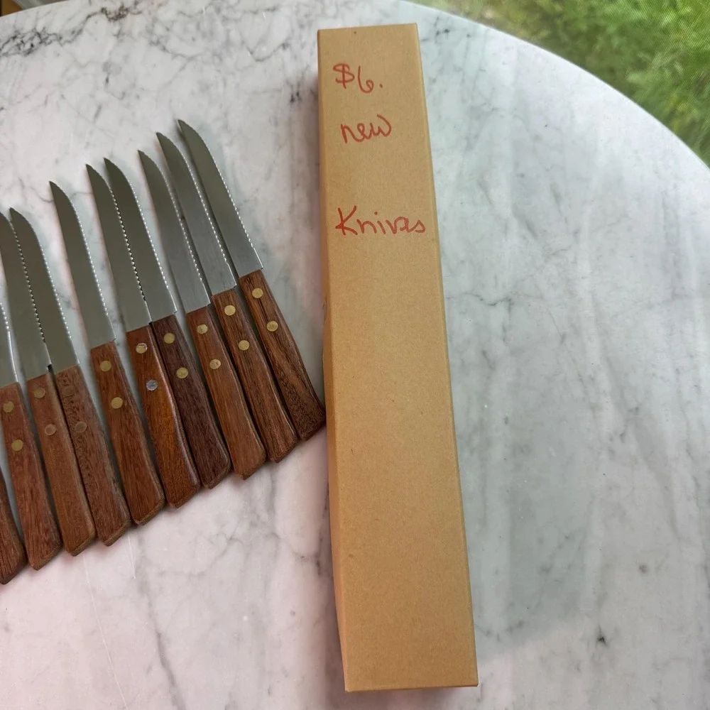 VTG 70s Mid Century Flatware Wood Handle Cutlery Set Japan Carving Knife Fork